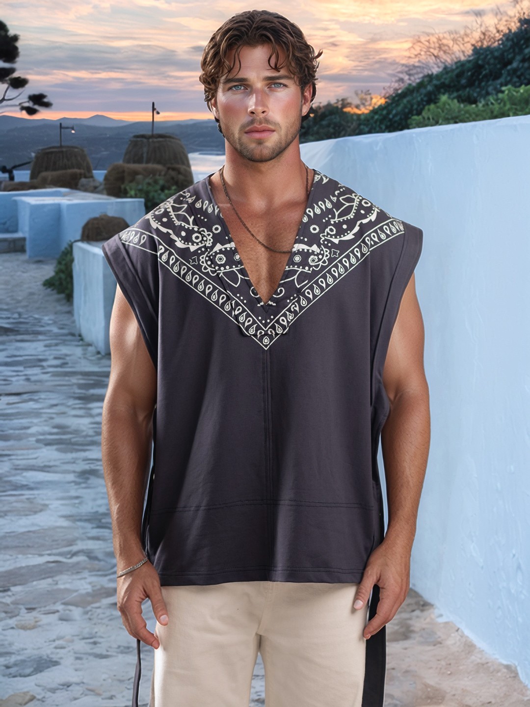 

UNRL Men Printed V-Neck Belted Relaxed Fit T-shirt, Charcoal