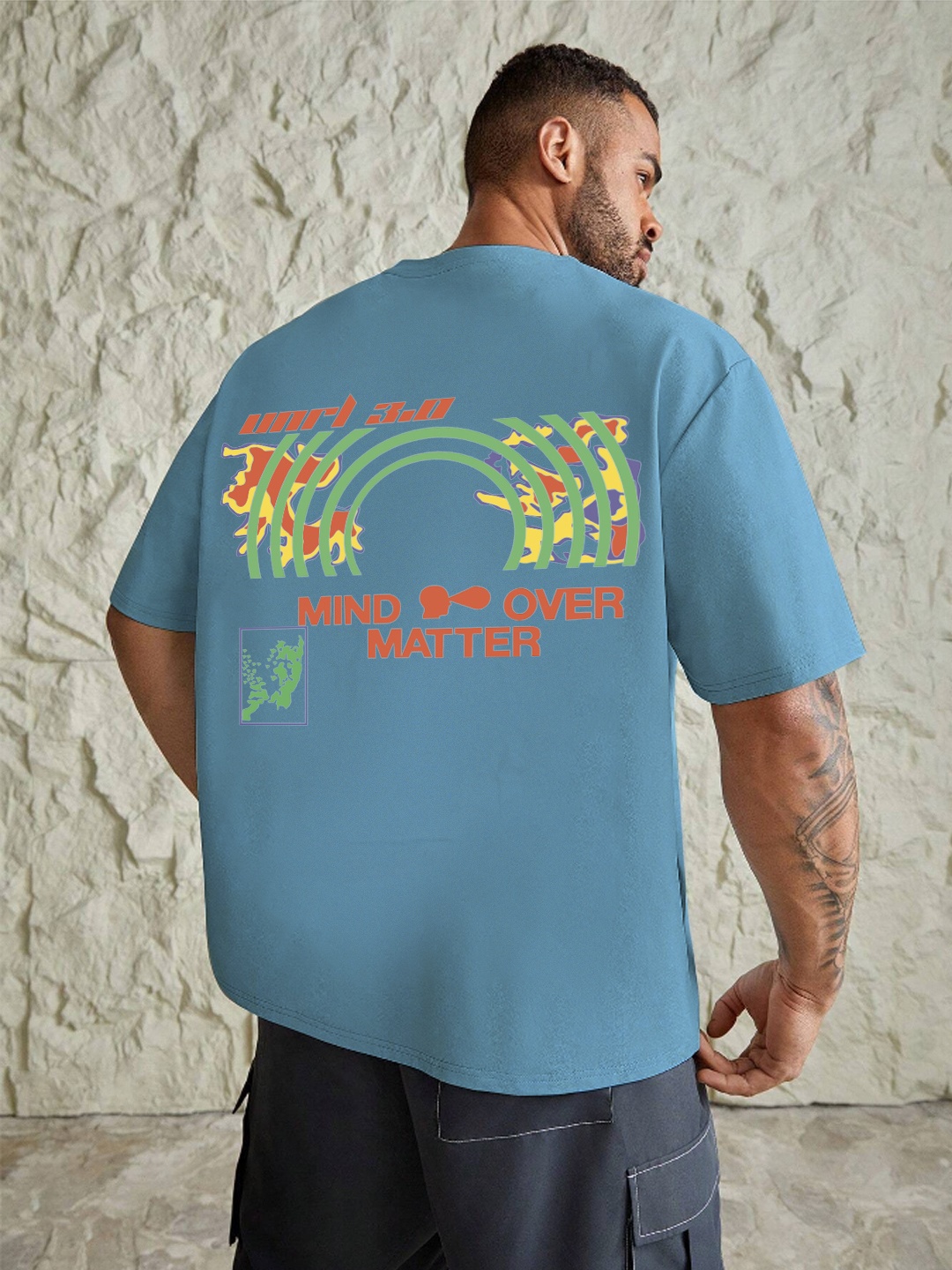 UNRL Men Graphic Print 3D Typography Pure Cotton Relaxed Fit T-shirt, Blue