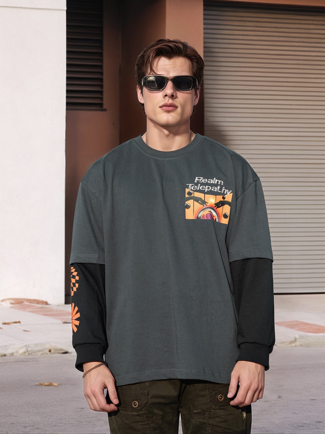 

UNRL Graphic & Typography Printed Drop-Shoulder Sleeves Relaxed Fit Pure Cotton T-shirt, Grey
