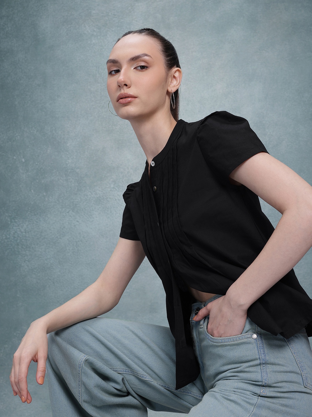 

The Roadster Life Co. Pleated Cotton Shirt Style Top, Black