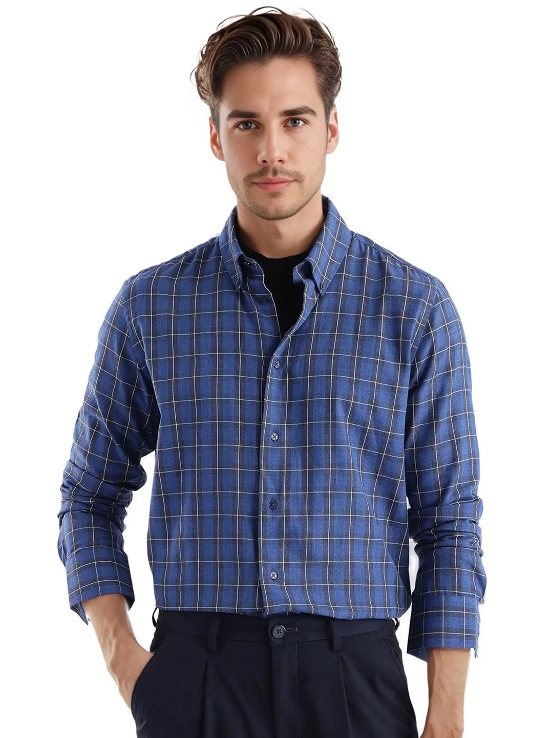 

RARE RABBIT Men Comfort Opaque Checked Casual Shirt, Blue
