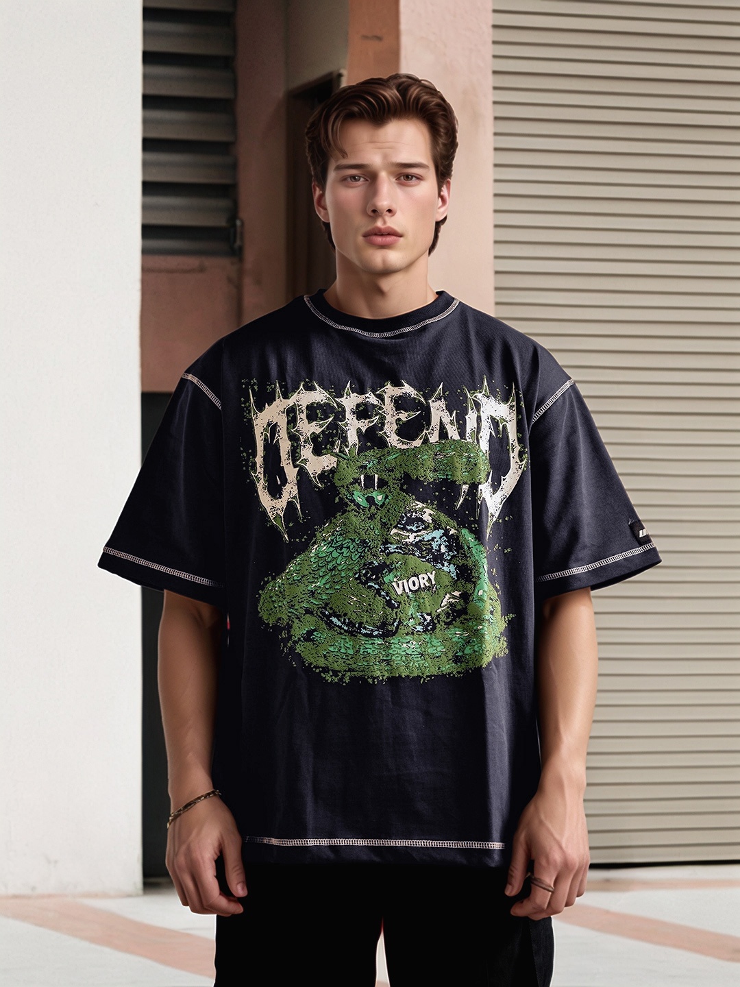 

UNRL Printed Up-Front Stitch Oversized T-Shirt, Black
