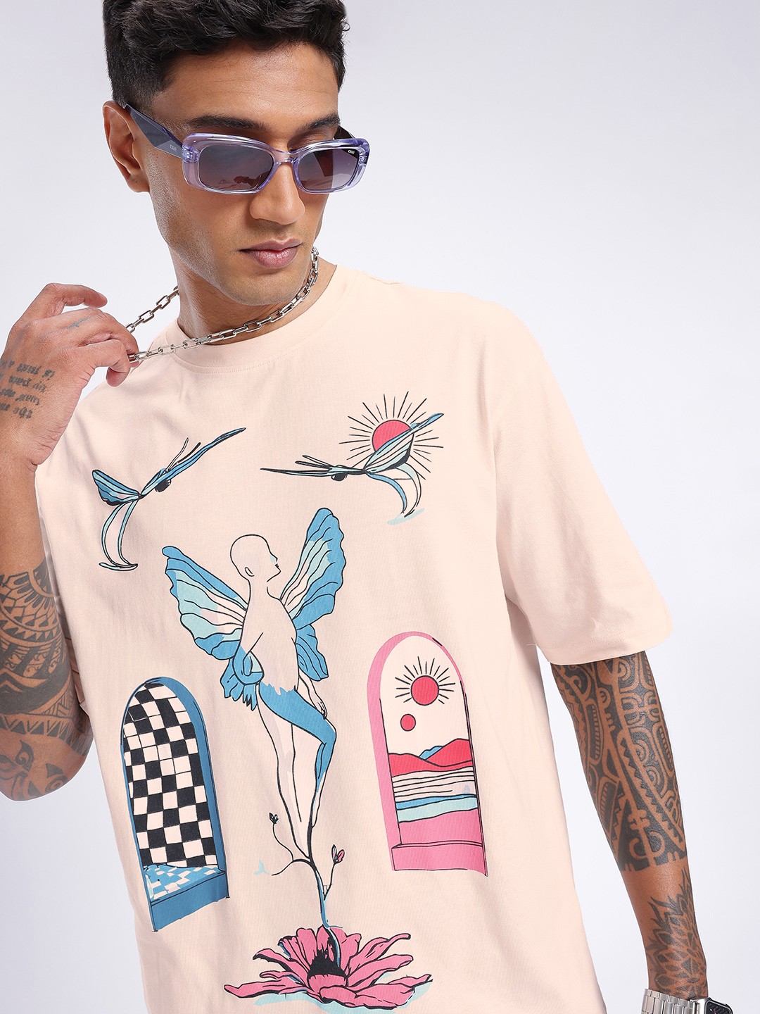 

glitchez Modern Vibe Graphic Printed Relaxed Fit T-shirt, Rose