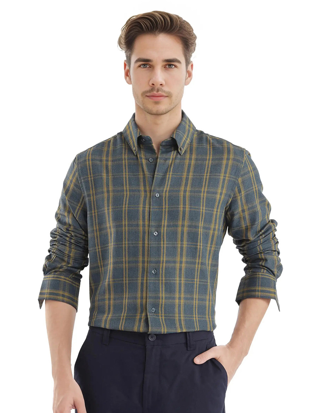 

RARE RABBIT Men Comfort Opaque Checked Casual Shirt, Blue