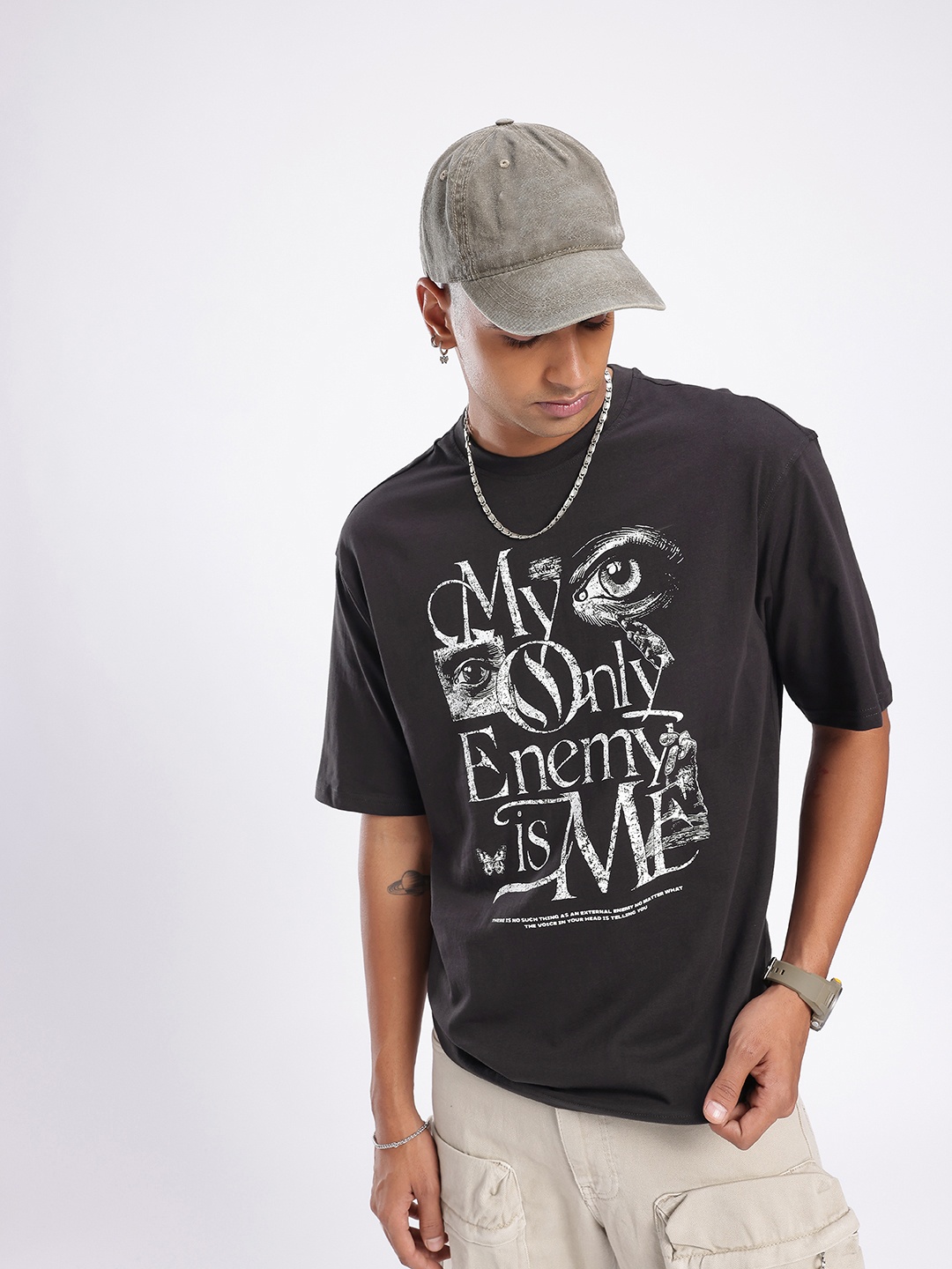 

glitchez Urban Classic Typography & Graphic Printed Monochrome Relaxed Fit T-shirt, Black