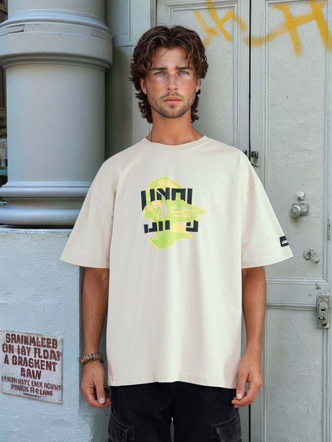 

UNRL Graphic Printed Drop-Shoulder Sleeves Relaxed Fit Pure Cotton T-shirt, Beige