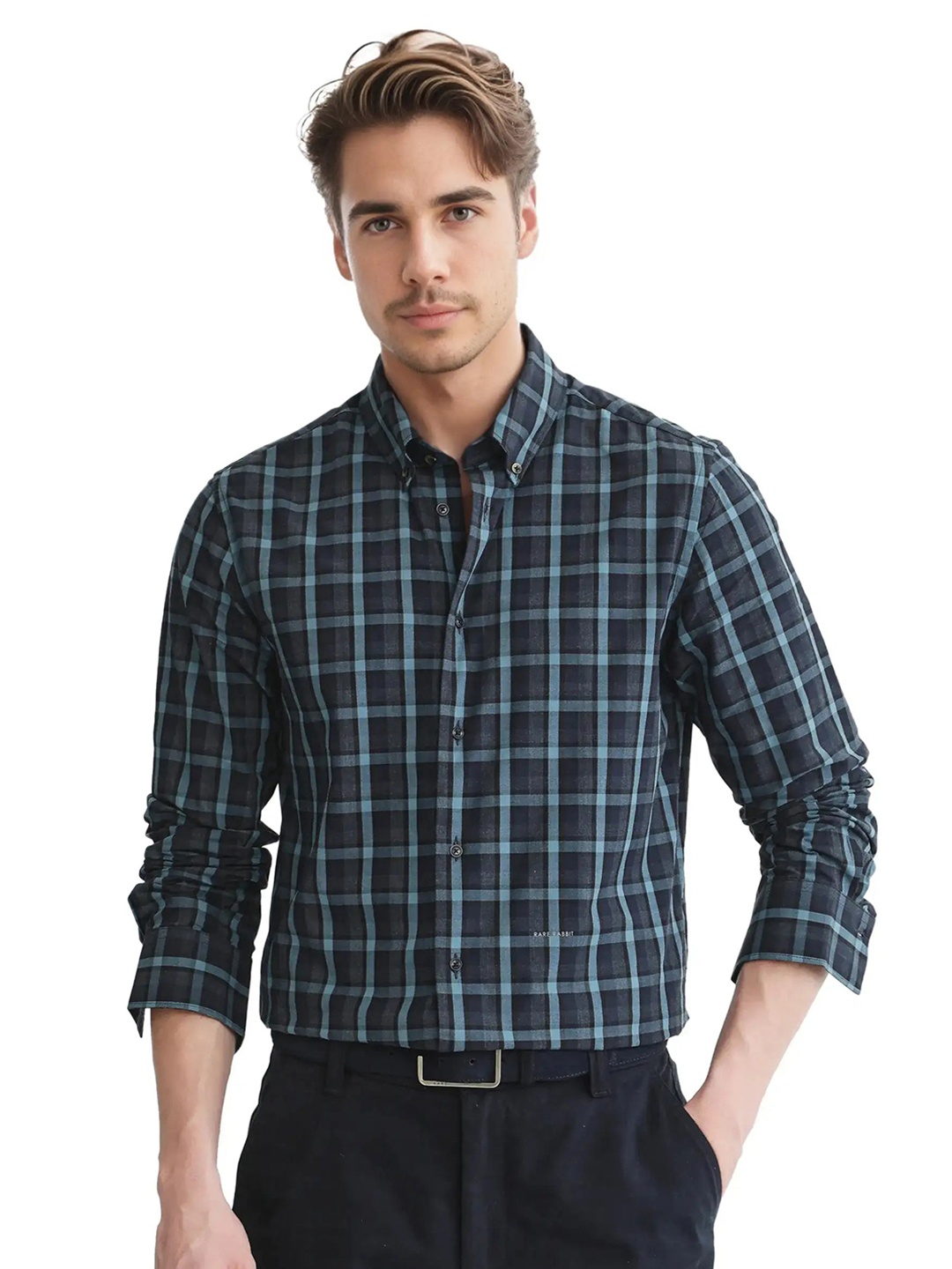 

RARE RABBIT Men Comfort Tartan Checks Opaque Checked Casual Shirt, Navy blue