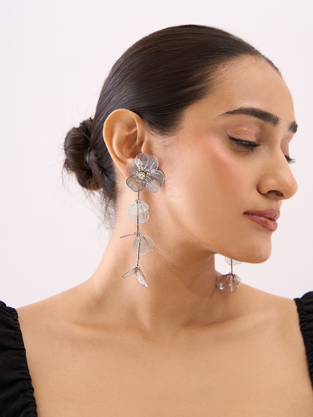 

ToniQ Silver-Plated Stone Studded Floral Drop Earrings