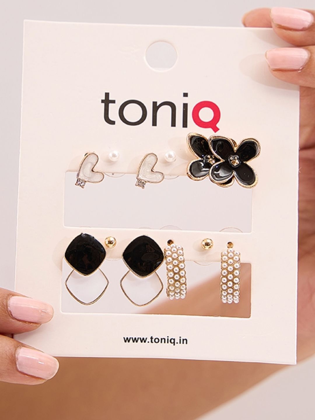 

ToniQ Set of 6 White and Black Studs Hoops Drop Earrings, Gold