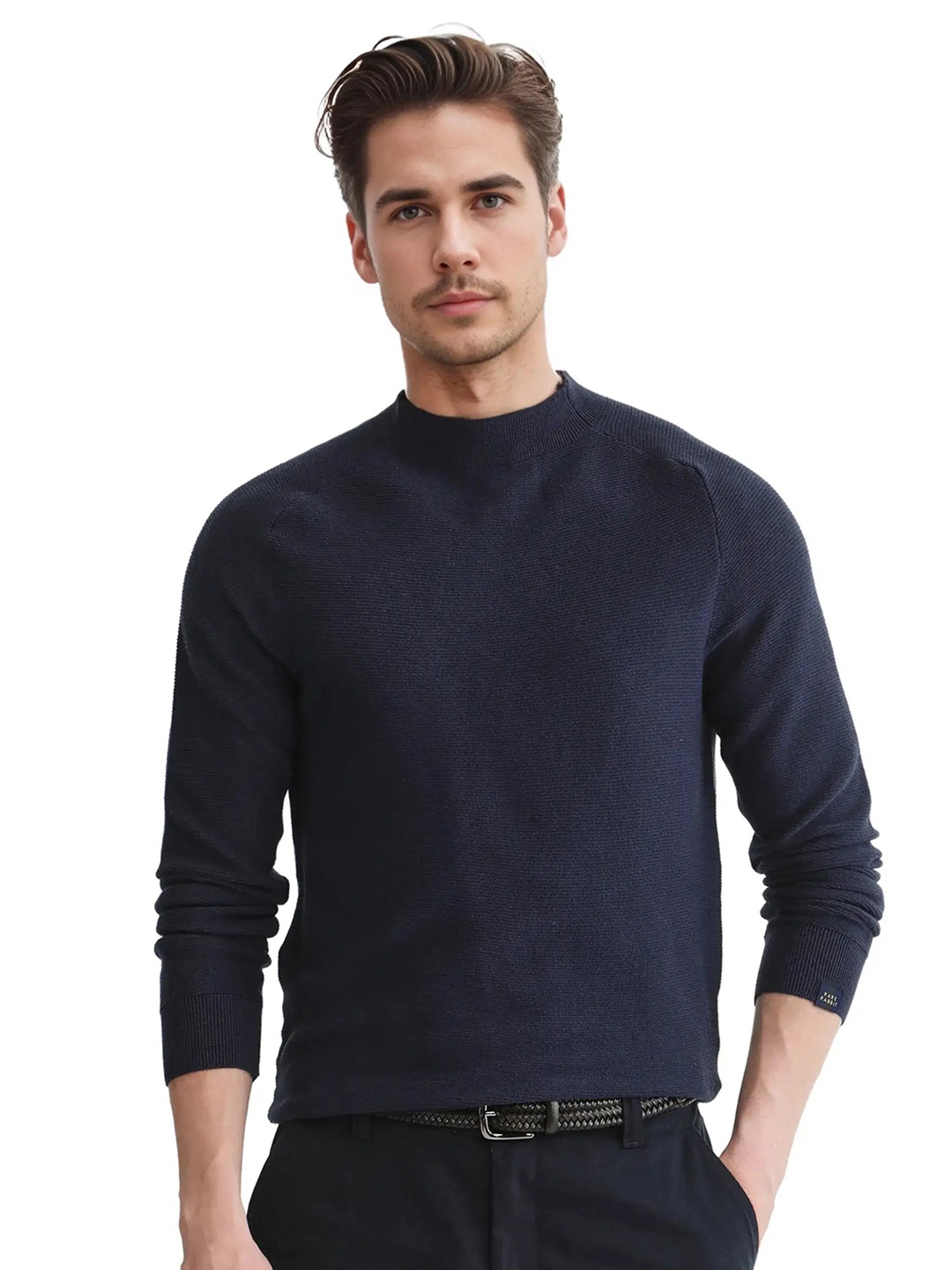 

RARE RABBIT Men Turtle Neck Pullover Sweater, Navy blue