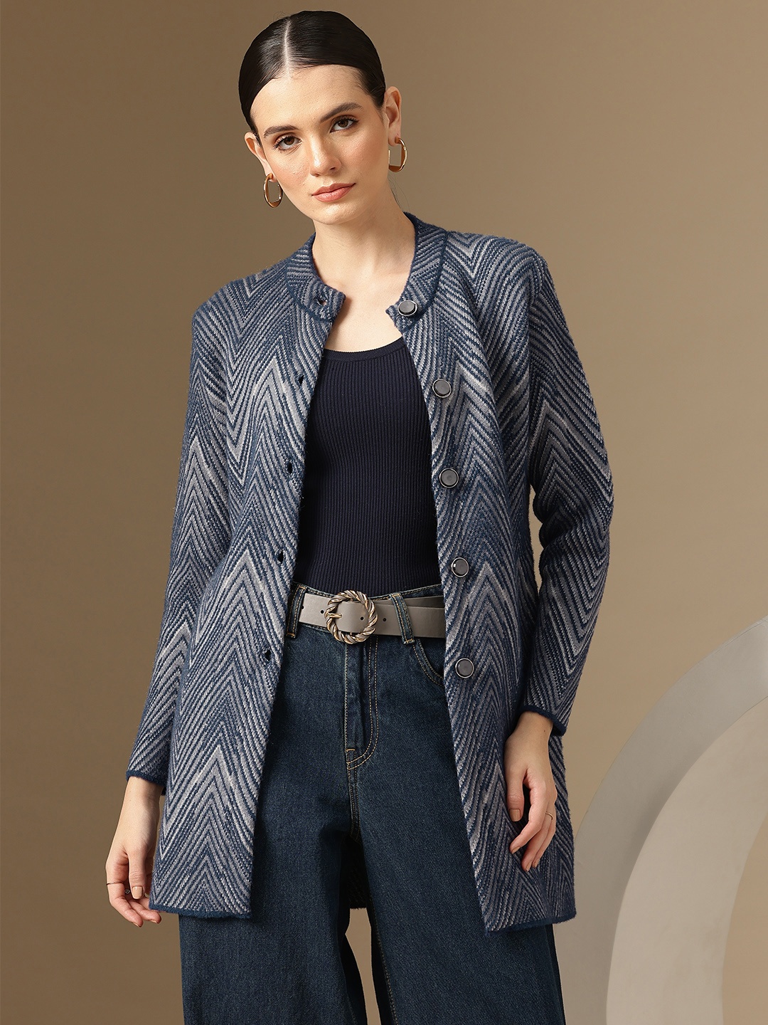 

Chemistry Chevron Printed Woollen Longline Cardigan, Navy blue