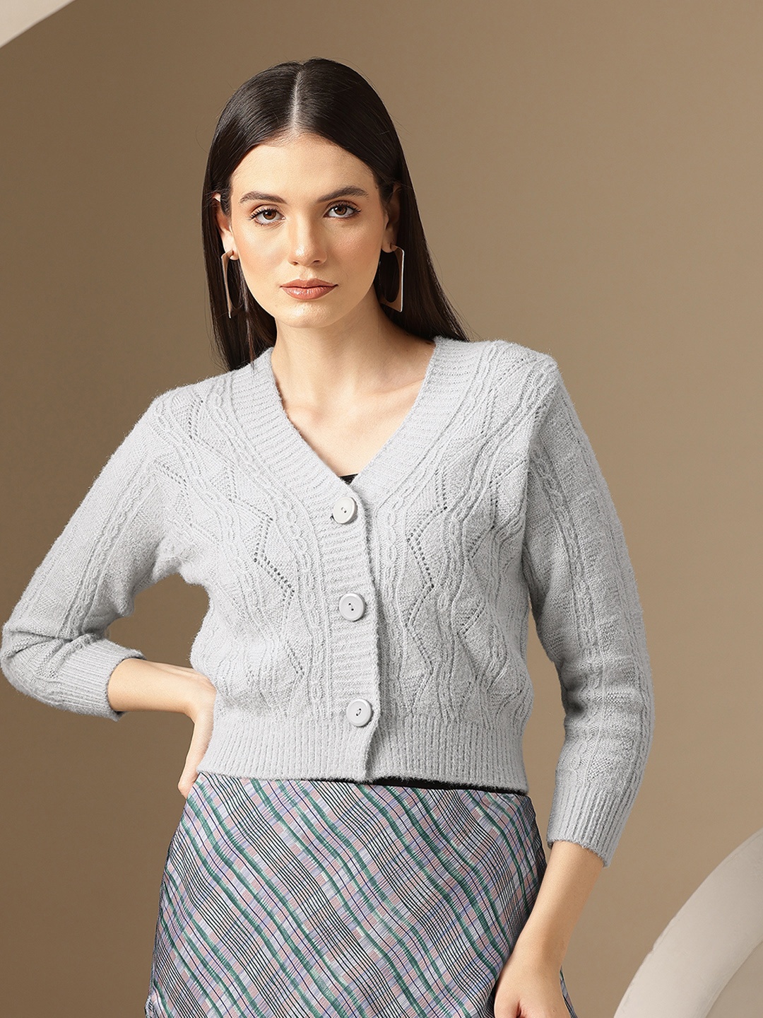 

Chemistry Cable Knit Woollen Crop Cardigan, Grey