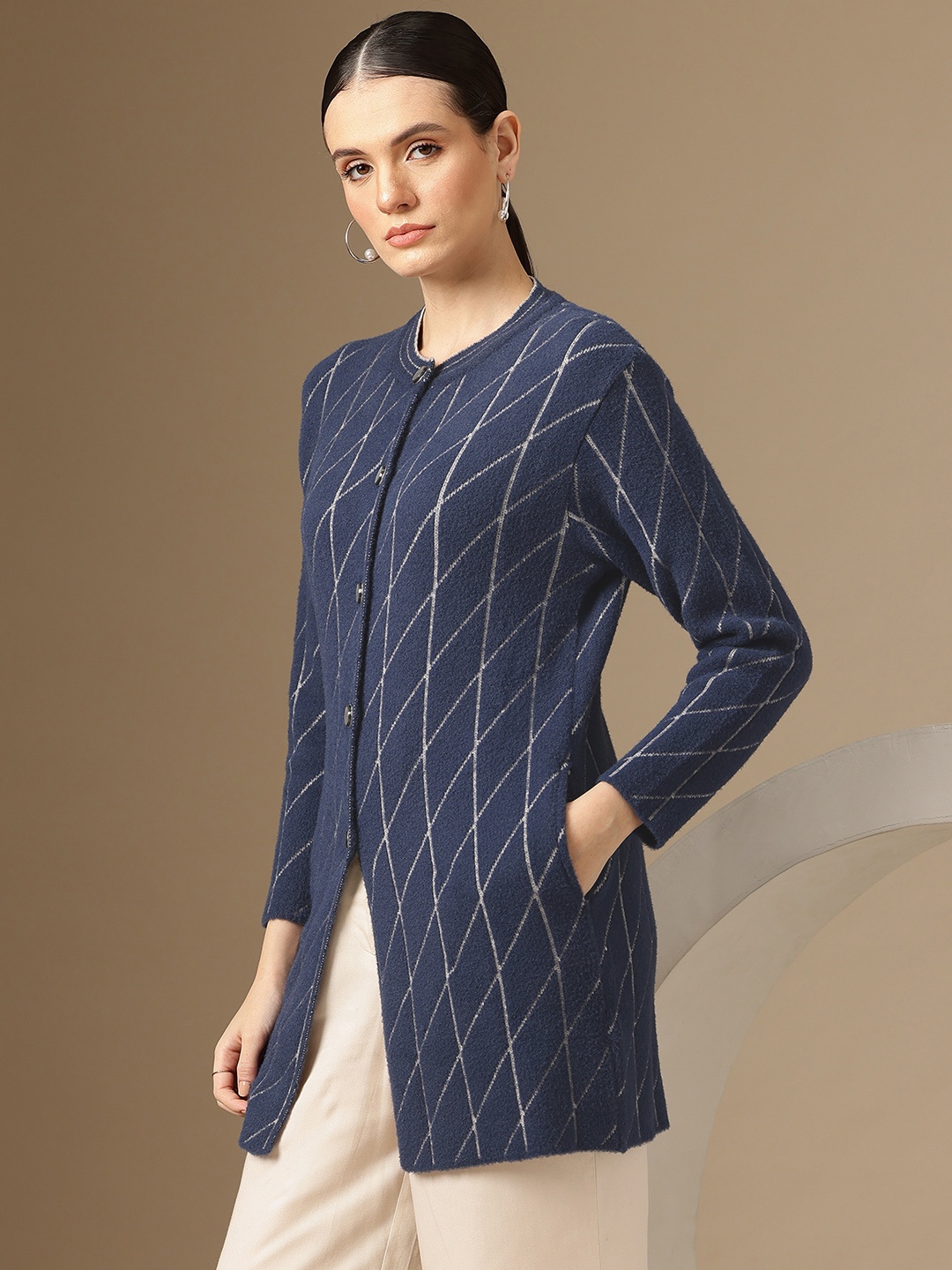 

Chemistry Printed Woollen Longline Cardigan, Navy blue