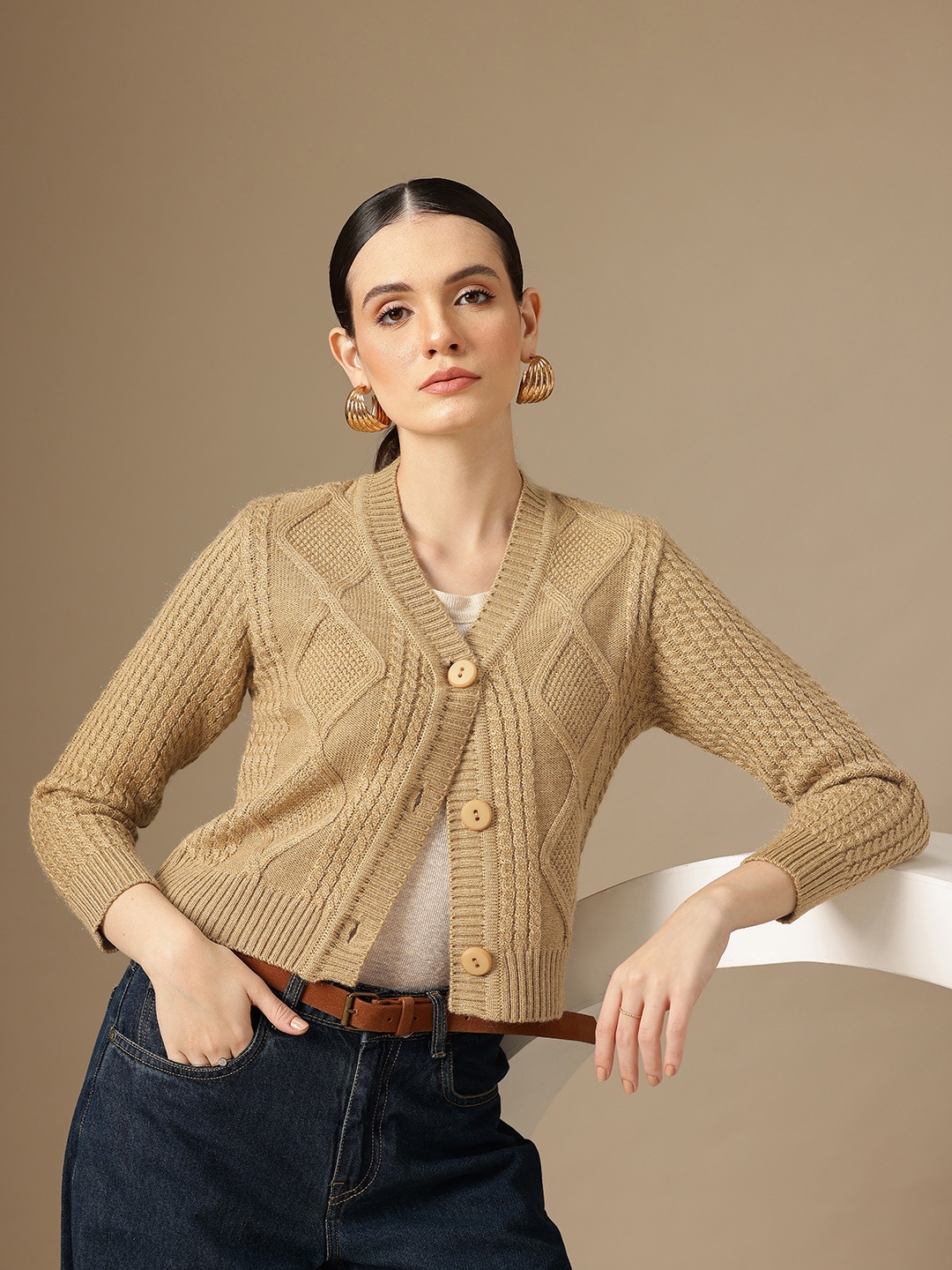 

Chemistry Cable Knit Woollen Crop Cardigan, Brown
