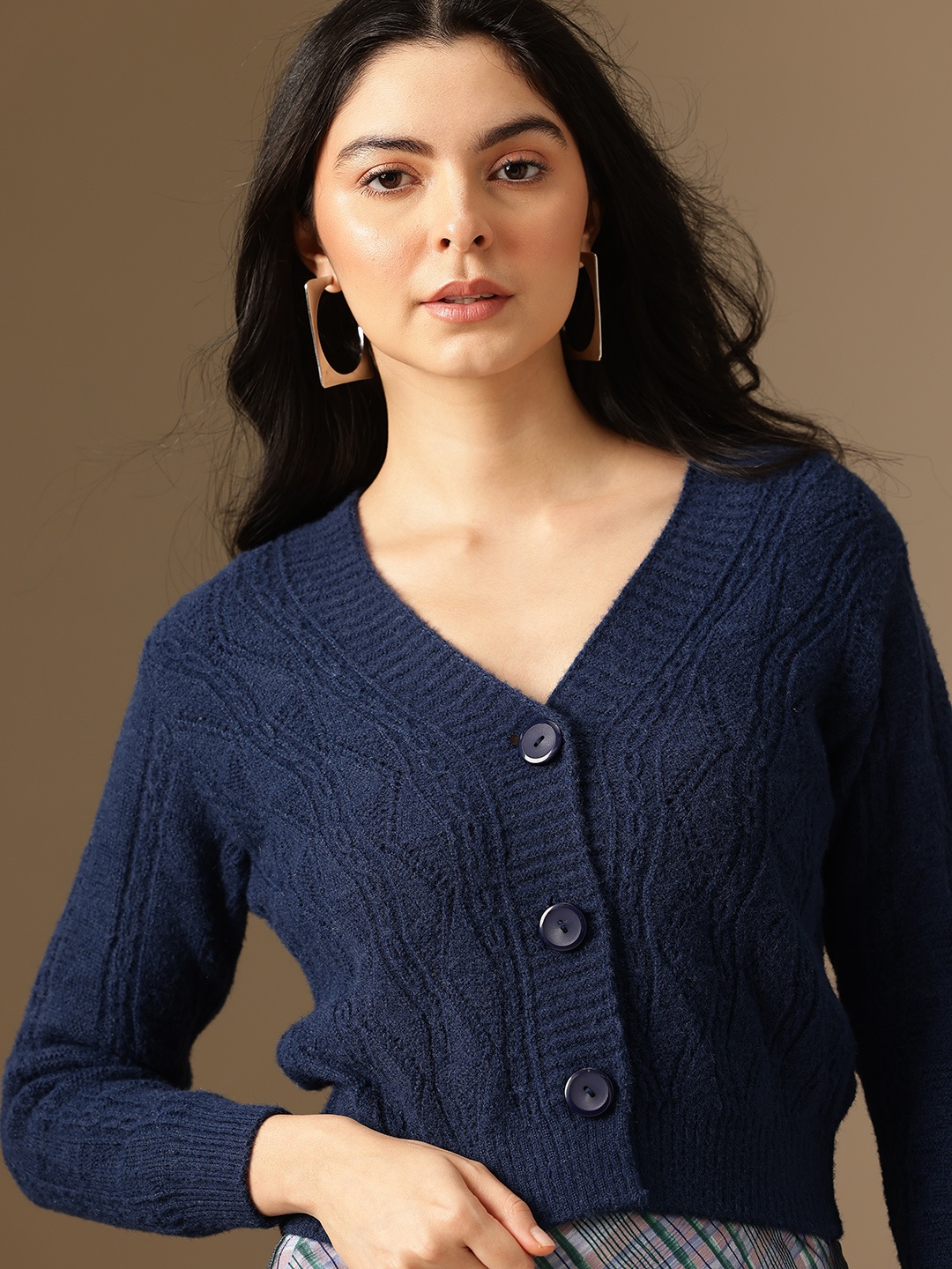 

Chemistry Cable Knit Woollen Crop Cardigan, Navy blue