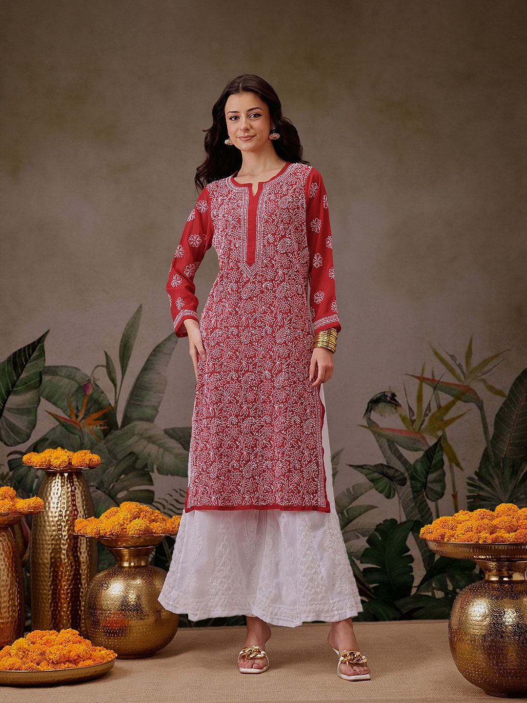 

ADA Ethnic Motifs Embroidered Chikankari Lucknowi Georgette Kurta With Palazzo, Red