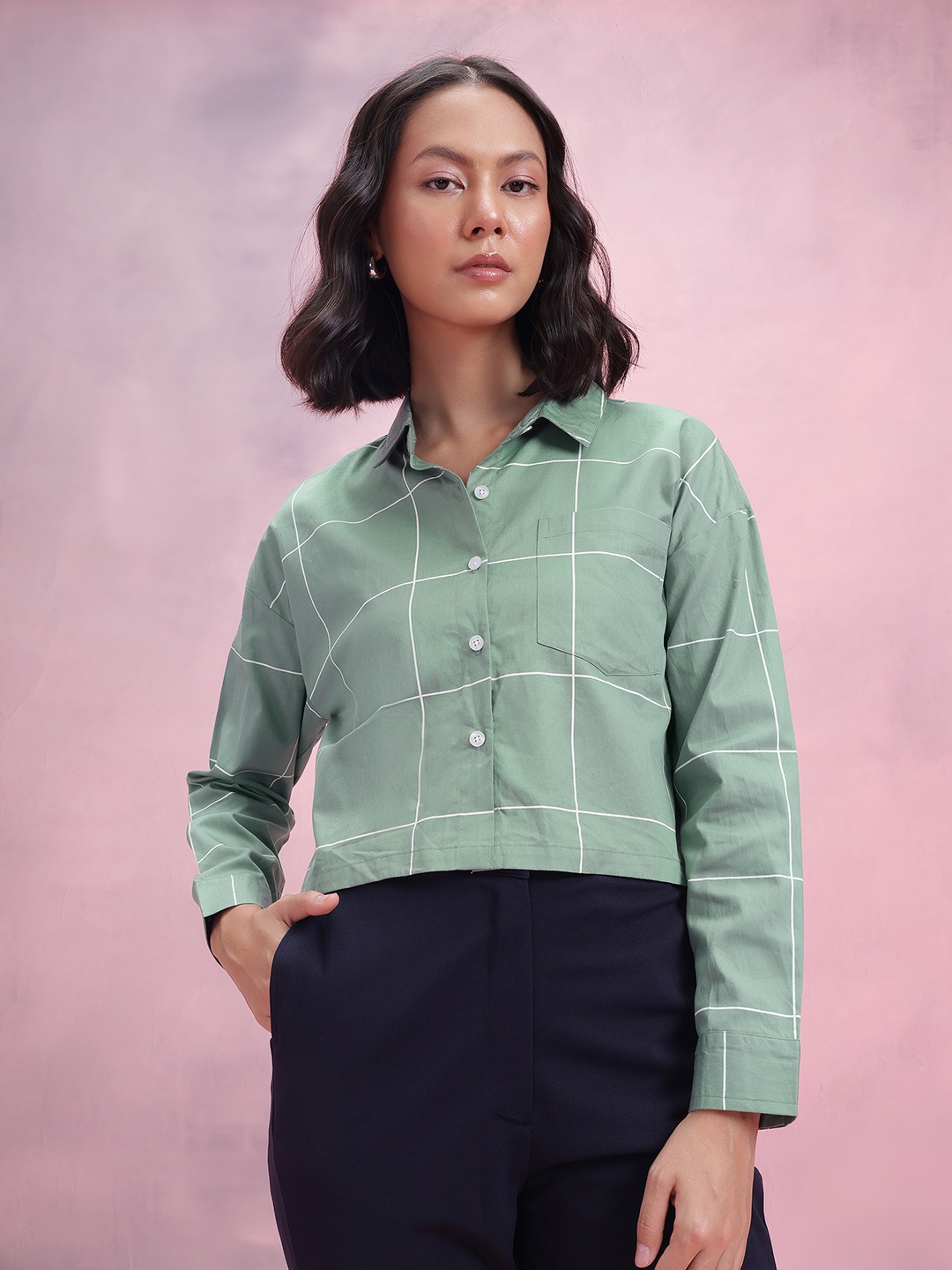 

DressBerry Relaxed Boxy Windowpane Checked Crop Casual Shirt, Green