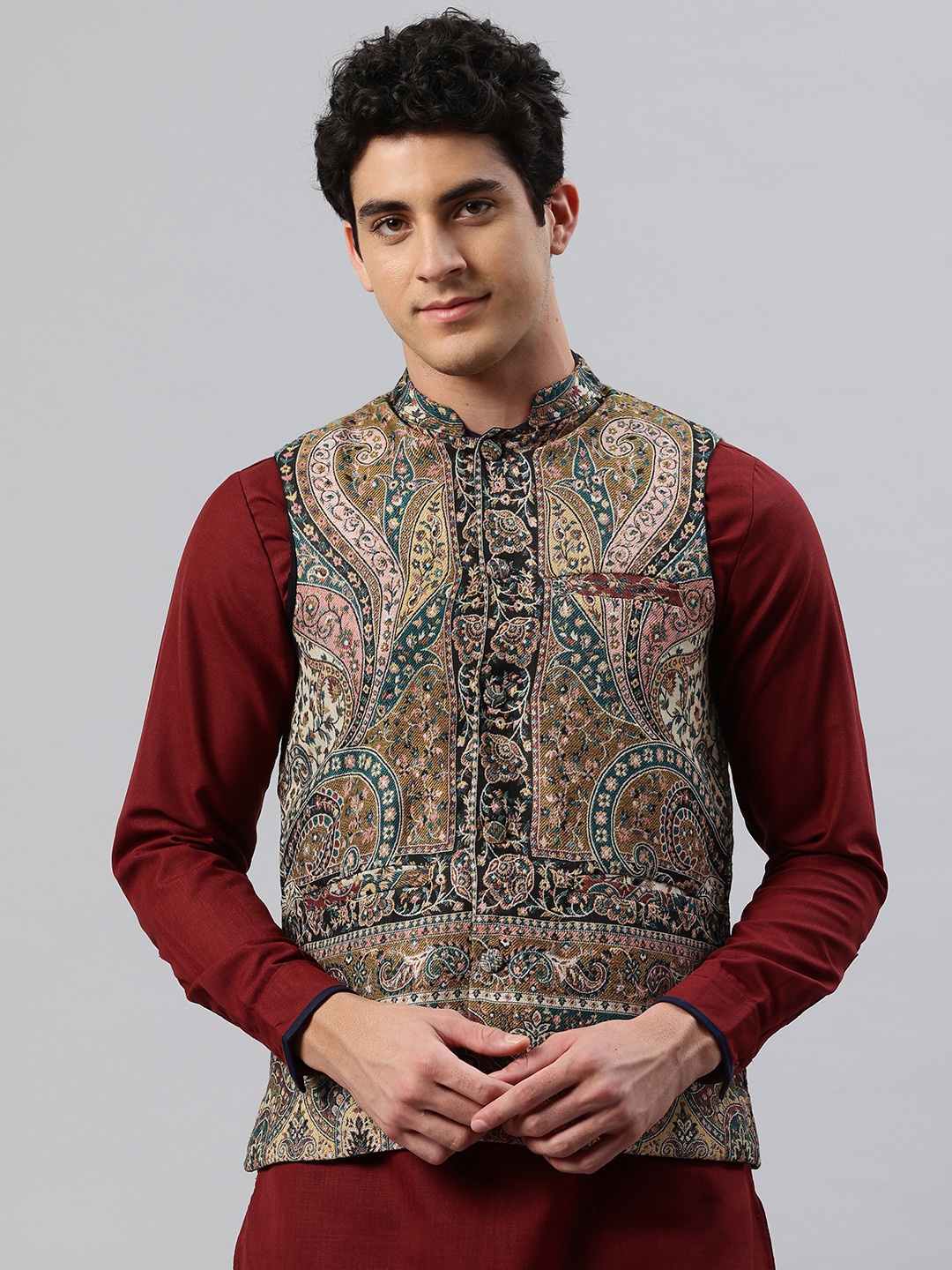 

SWI Stylish Men Paisley Floral Regular Fit Nehru Jacket, Olive