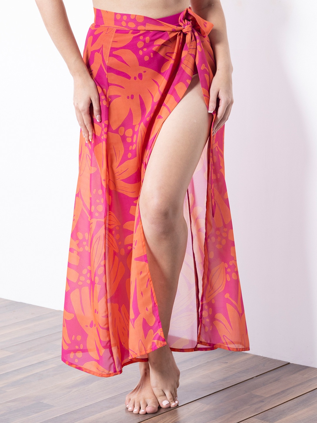 

EROTISSCH Women Orange Tropical Printed Swim Cover-up Skirt