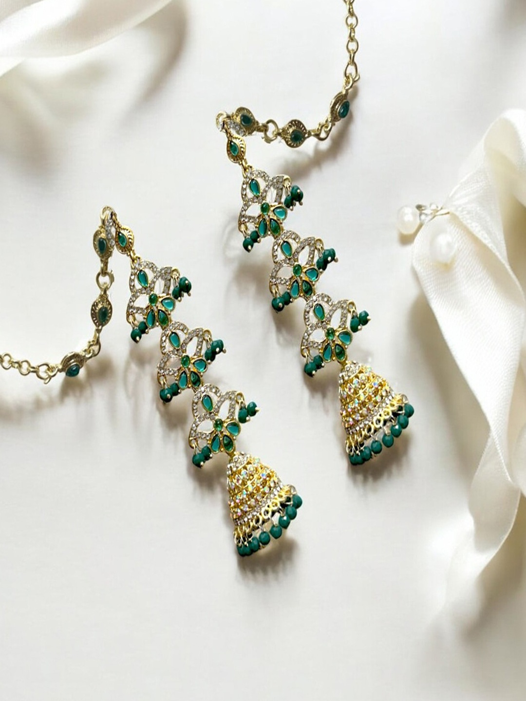 

AccessHer Gold-Plated Stone Studded & Beaded Dome Shaped Jhumkas, Green