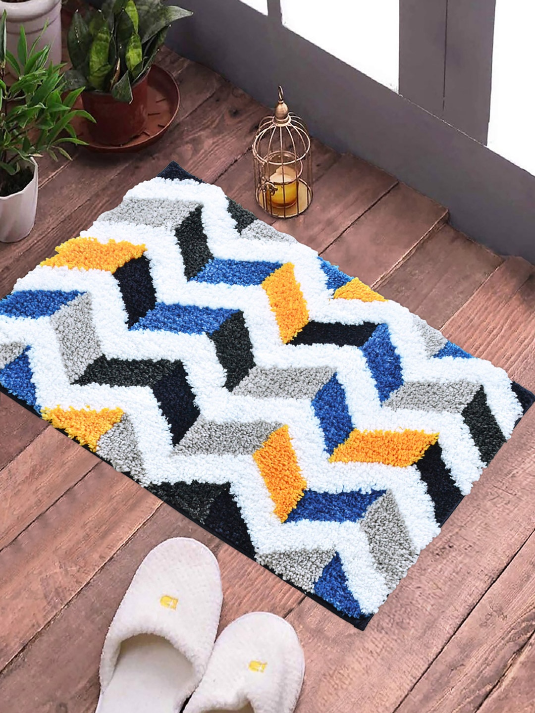 

FABINALIV White & Blue Abstract Anti Skid Door Mat