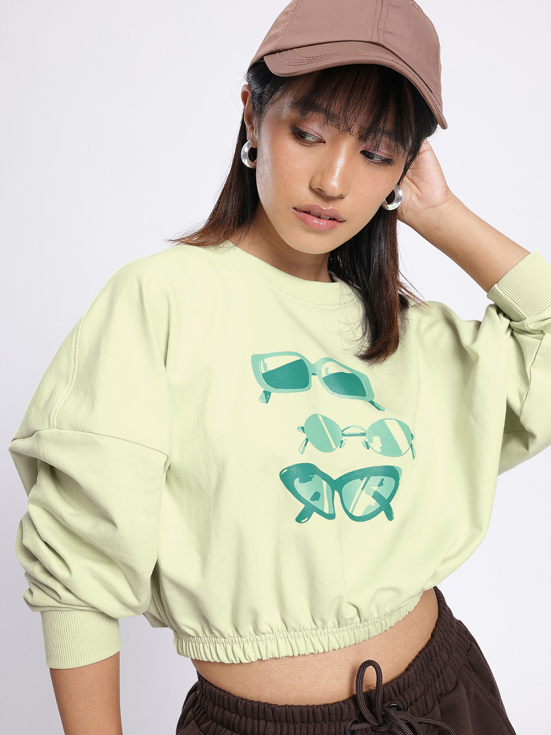 

glitchez Street Vibe Printed Oversized Boxy Fit Crop Sweatshirt, Green