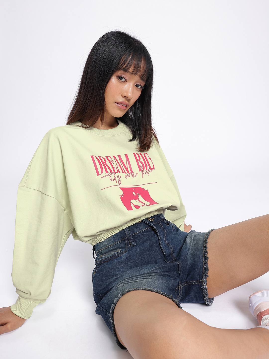

glitchez Street Sassy Printed Oversized Boxy Fit Crop Sweatshirt, Green