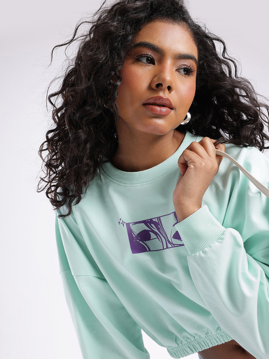 

glitchez Downtown Chic Printed Boxy Crop Sweatshirt, Turquoise blue