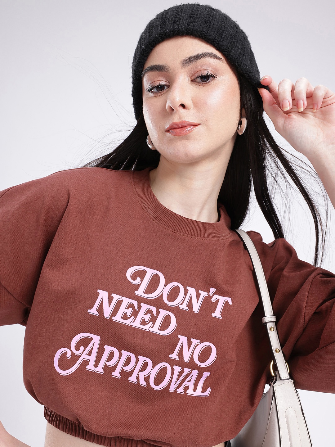 

glitchez Street Vibe Typography Printed Cotton Terry Oversized Boxy Fit Crop Sweatshirt, Brown