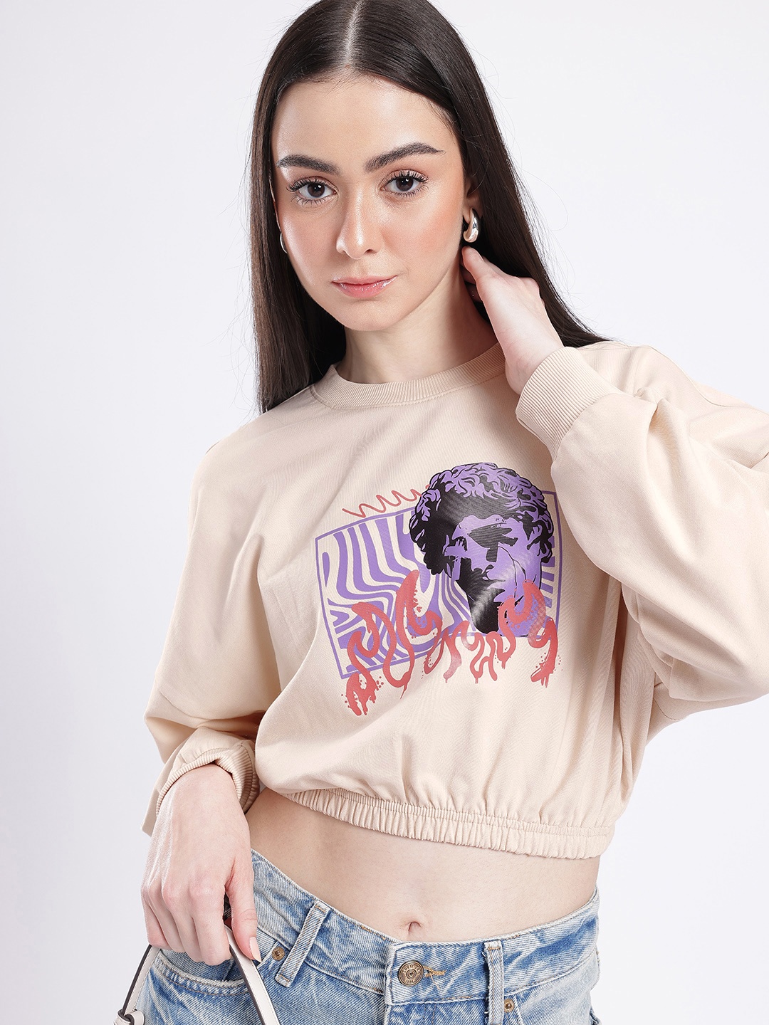 

glitchez Urban Sassy Graphic Printed Oversized Boxy Fit Crop Sweatshirt, Beige