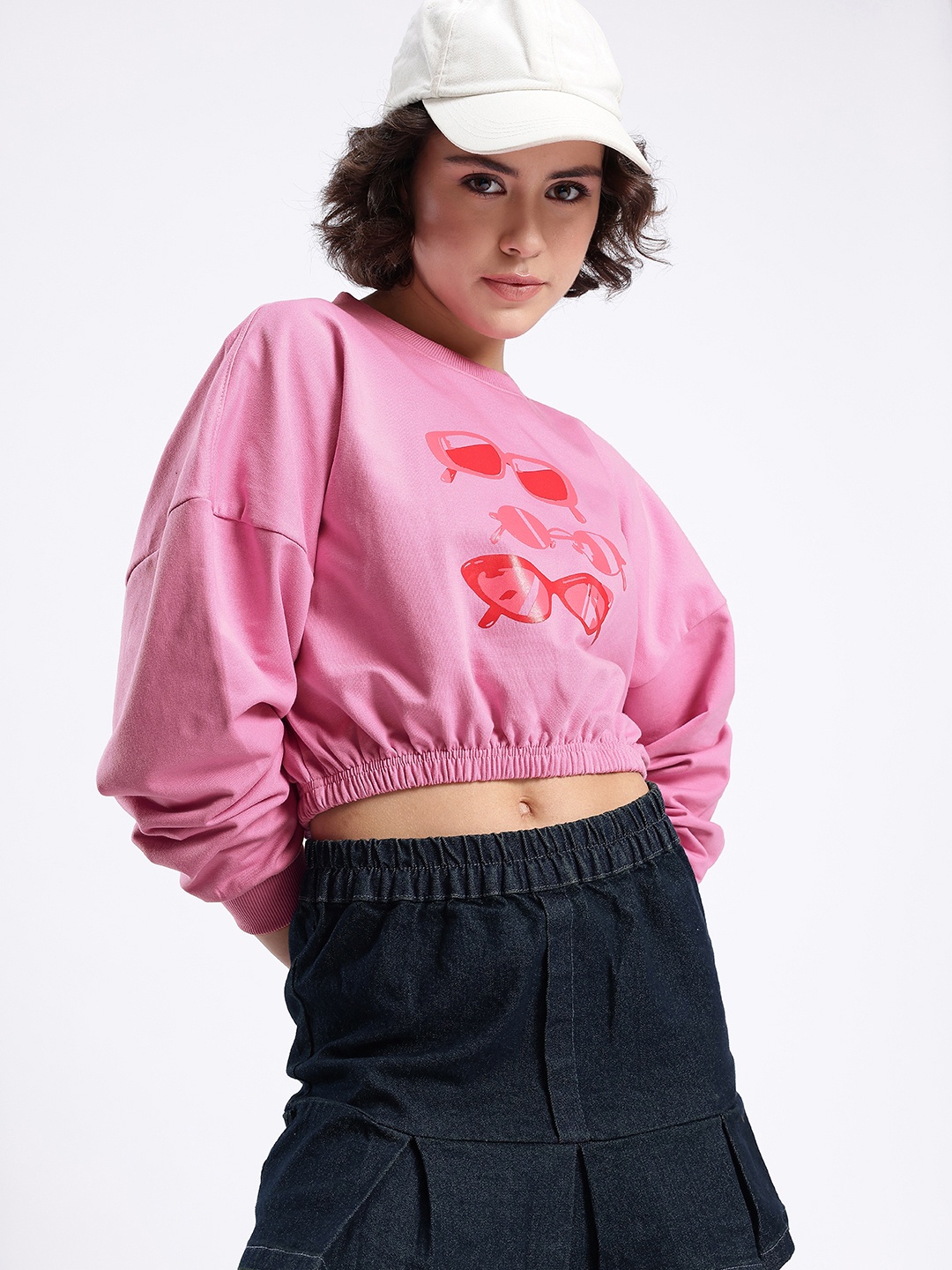 

glitchez Urban Chic Graphic Printed Oversized Boxy Fit Crop Sweatshirt, Pink
