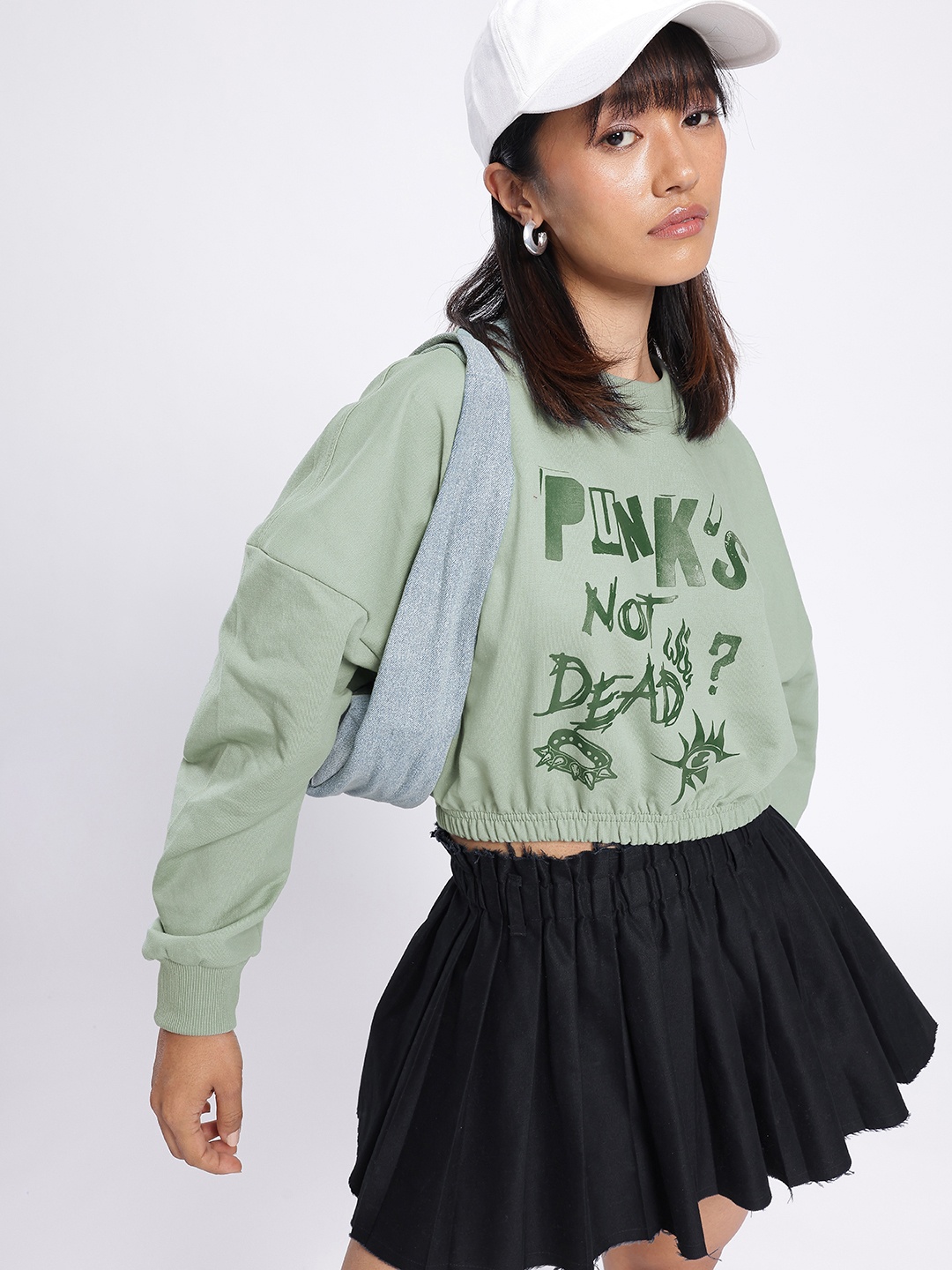 

glitchez Street Cool Typography Printed Oversized Boxy Fit Crop Sweatshirt, Green