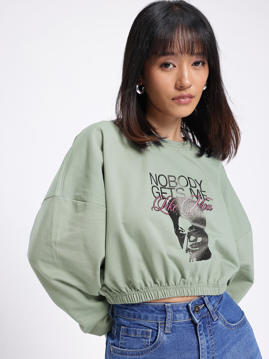 

glitchez Urban Chic Printed Oversized Boxy Fit Crop Sweatshirt, Green