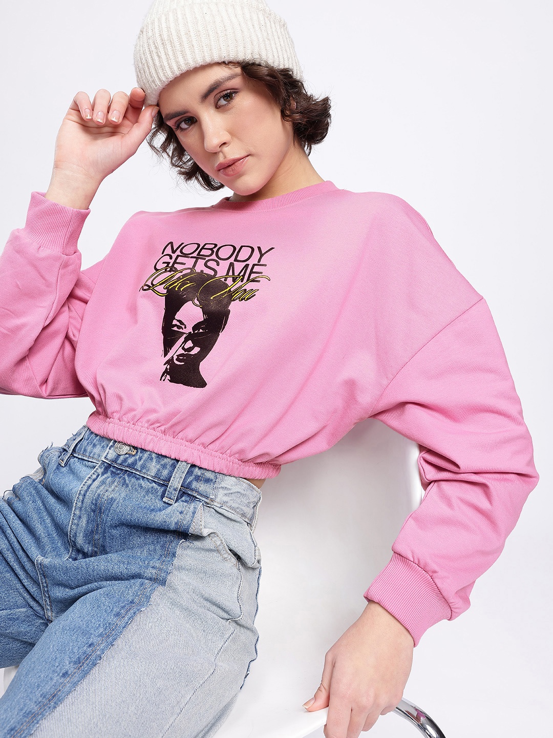 

glitchez Street Chic Graphic Printed Oversized Boxy Fit Crop Sweatshirt, Pink