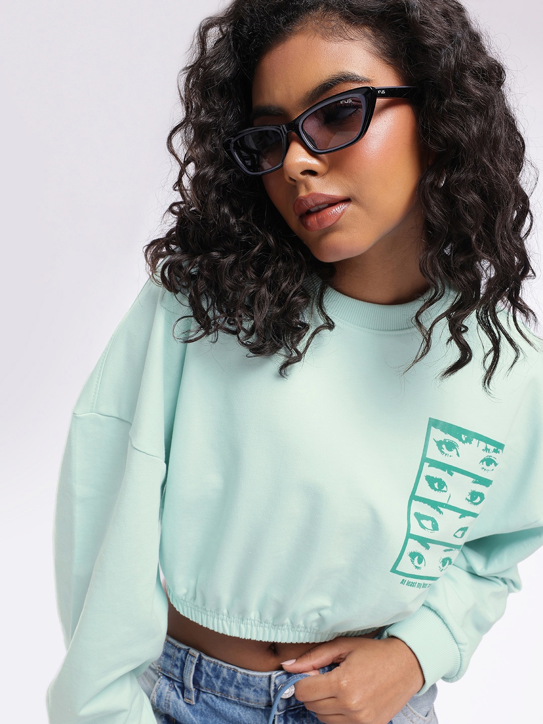 

glitchez City Sleek Printed Boxy Crop Sweatshirt, Turquoise blue