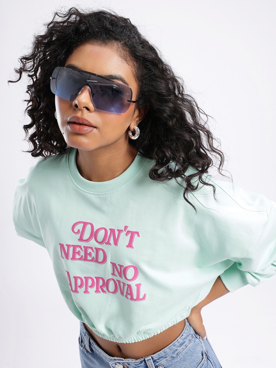 

glitchez Urban Nomad Printed Boxy Crop Sweatshirt, Turquoise blue