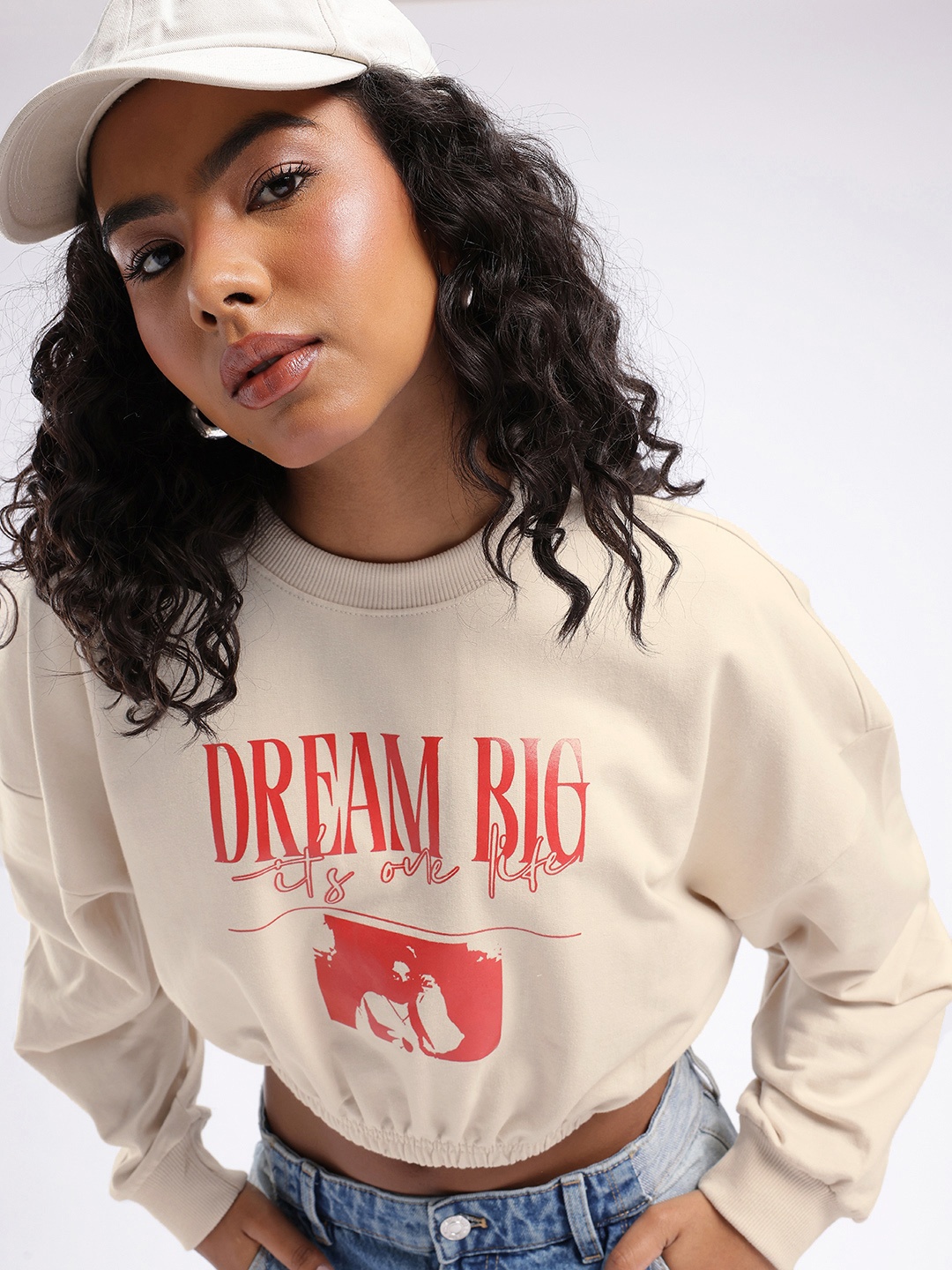 

glitchez City Dreamster Printed Boxy Crop Sweatshirt, Beige