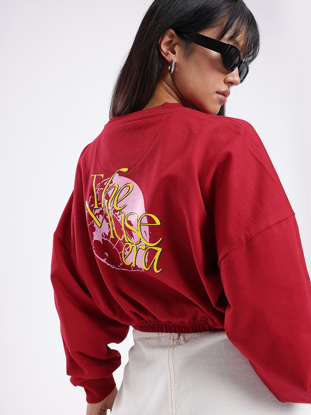 

glitchez Sassy Swag Typography & Graphic Printed Oversized Boxy Fit Crop Sweatshirt, Red