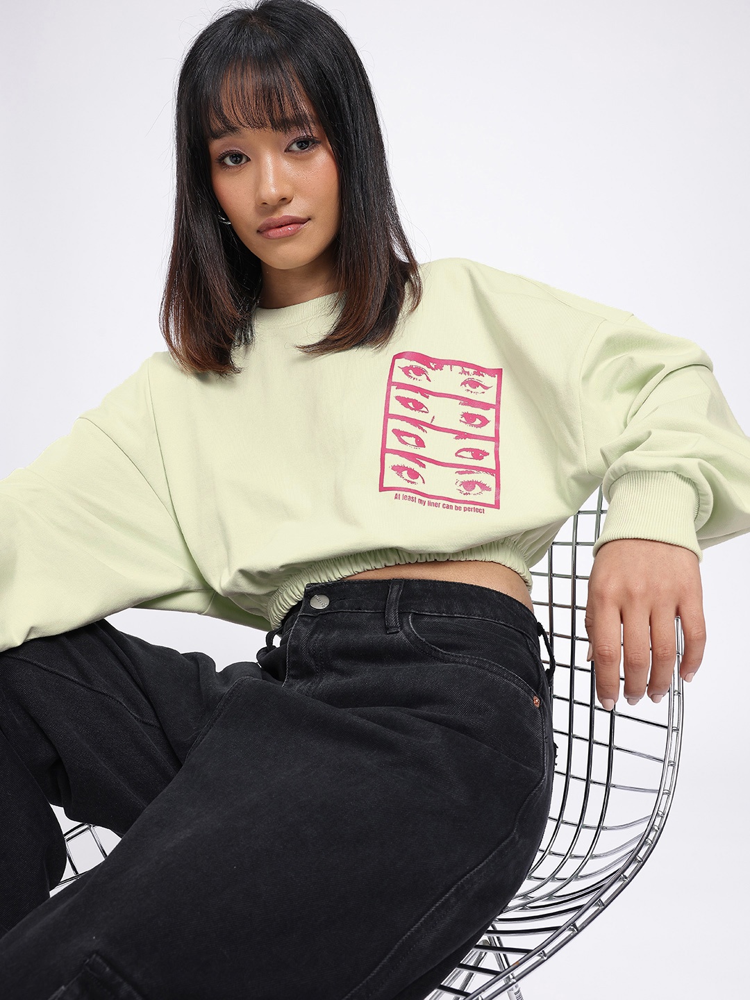 

glitchez Urban Chic Printed Cotton Terry Boxy Fit Crop Pullover Sweatshirt, Green