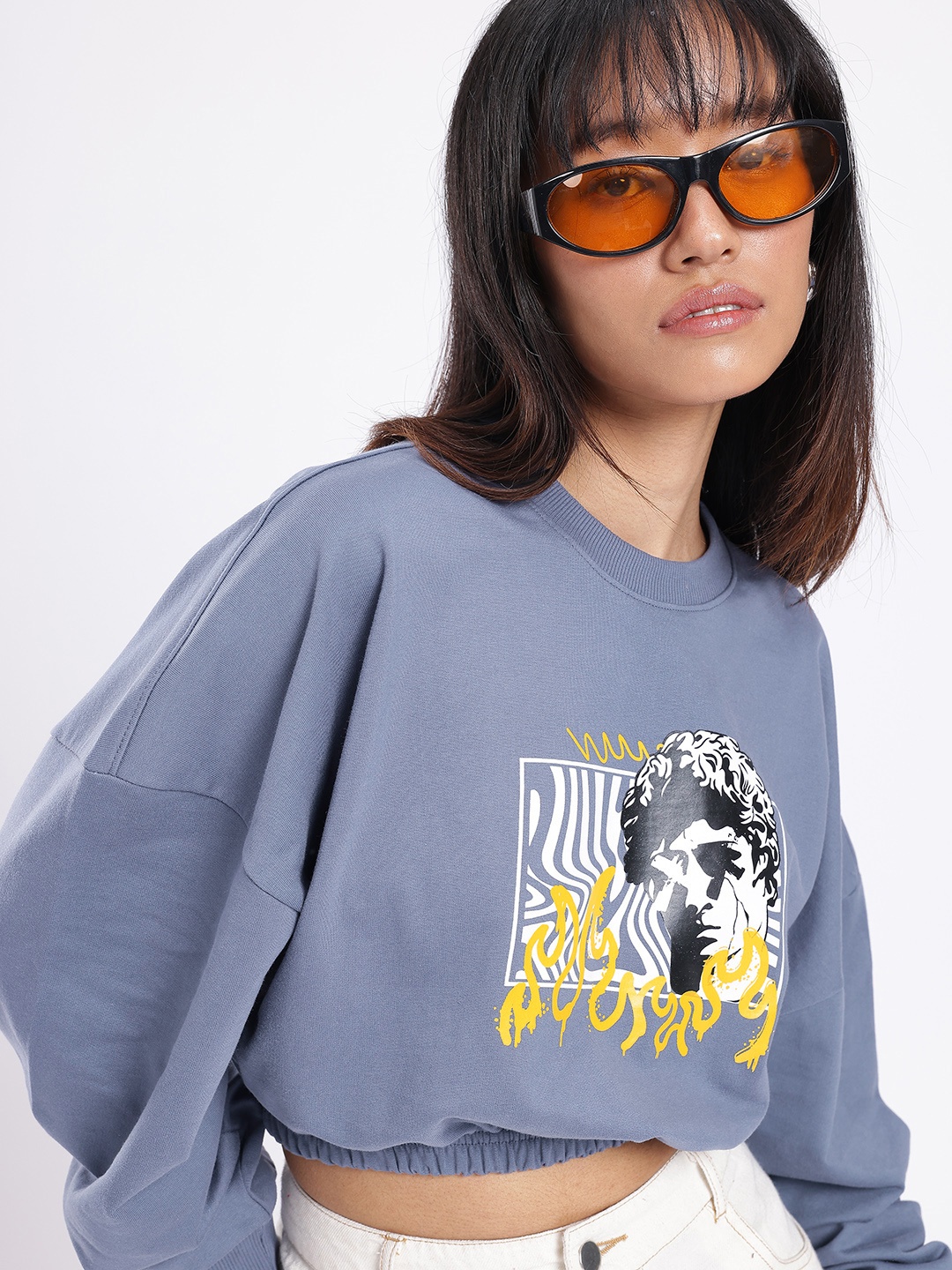 

glitchez Modern Sassy Graphic Printed Oversized Boxy Fit Crop Sweatshirt, Blue