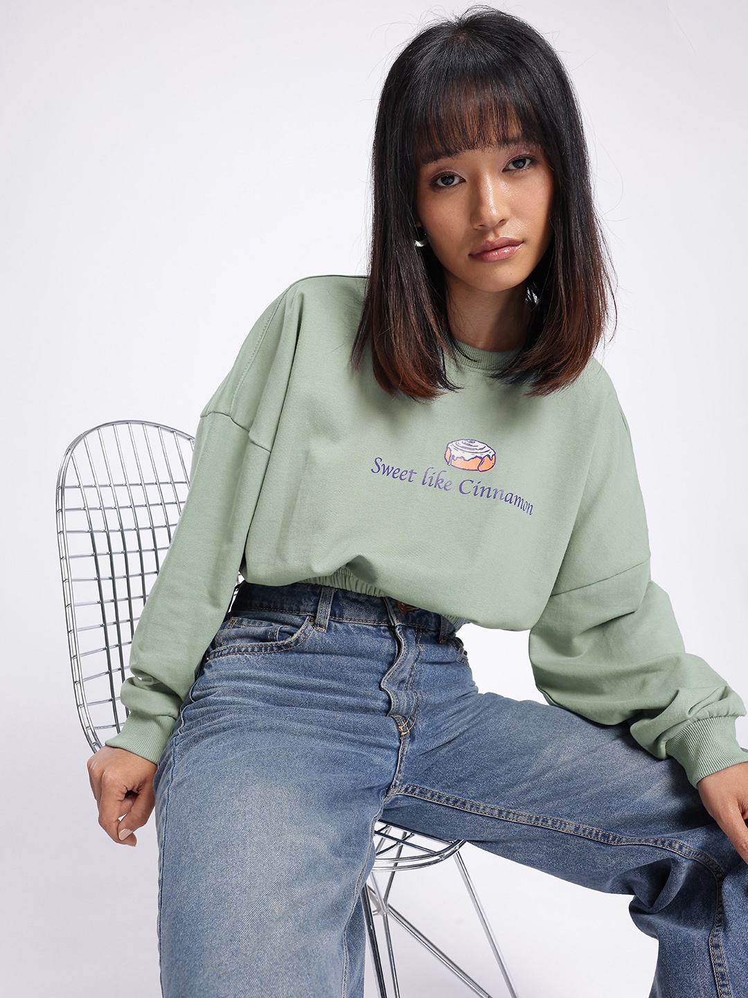 

glitchez Urban Cool Typography Printed Oversized Boxy Fit Crop Sweatshirt, Green