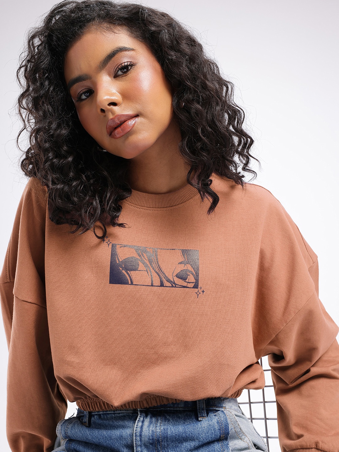 

glitchez Downtown Dope Printed Boxy Crop Sweatshirt, Brown