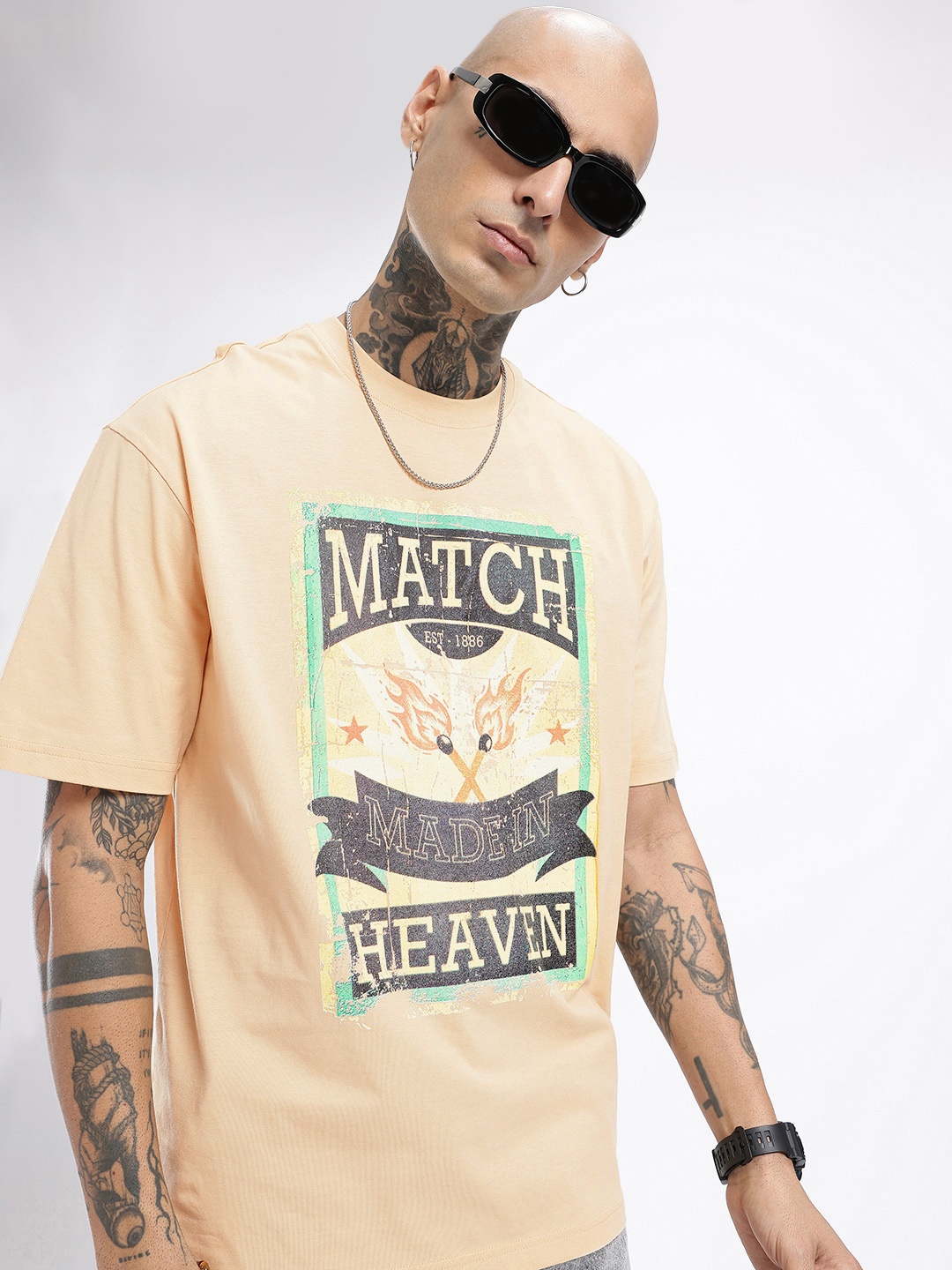 

glitchez Street Savvy Printed Relaxed Fit T-shirt, Beige
