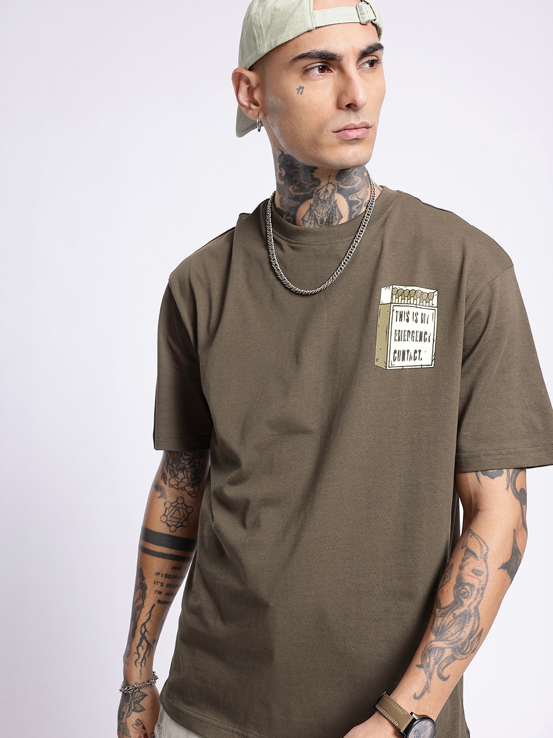 

glitchez Urban Core Printed Oversized T-shirt, Olive