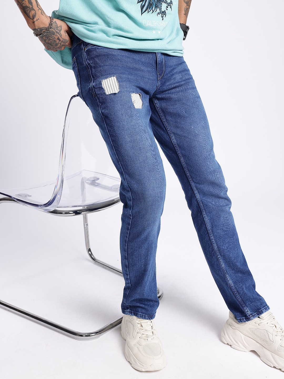 

glitchez Men Hard-Worn Style Slim Distressed Light Fade Jeans, Blue