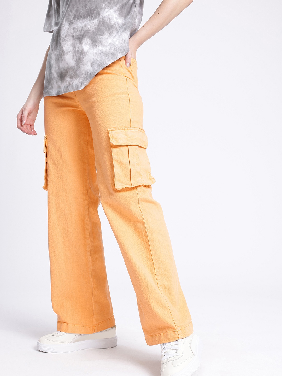 

glitchez Women Cool Touch Straight Cargo Fit Stretchable Jeans, Mustard