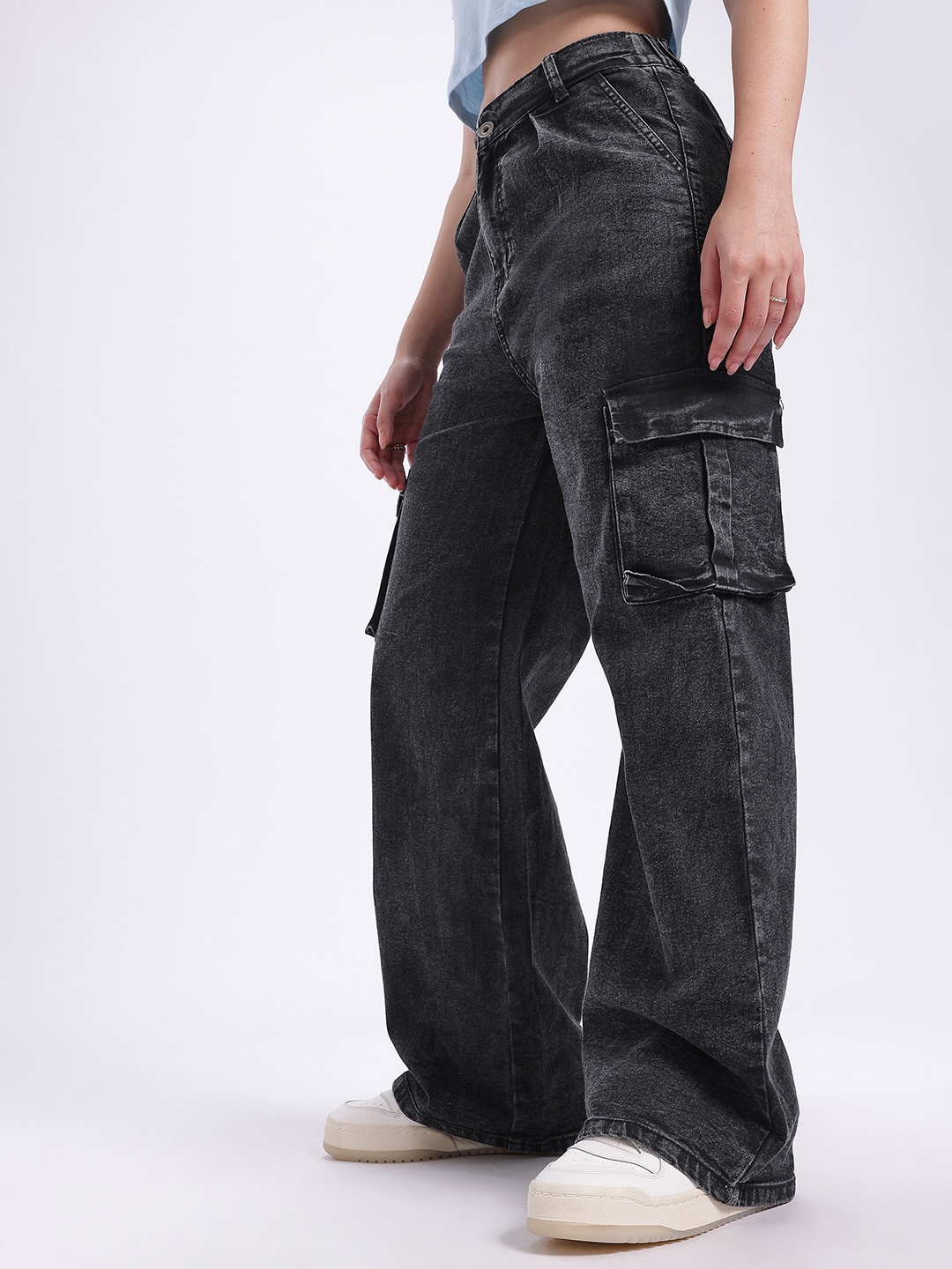 

glitchez Women Grunge Fusion Wide Leg Light Faded High Rise Cargo Jeans, Black