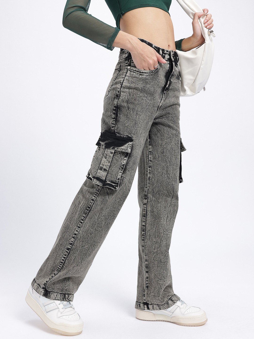 

glitchez Women Street Comfort Heavy Fade Cargo-Style Straight Fit Jeans, Grey