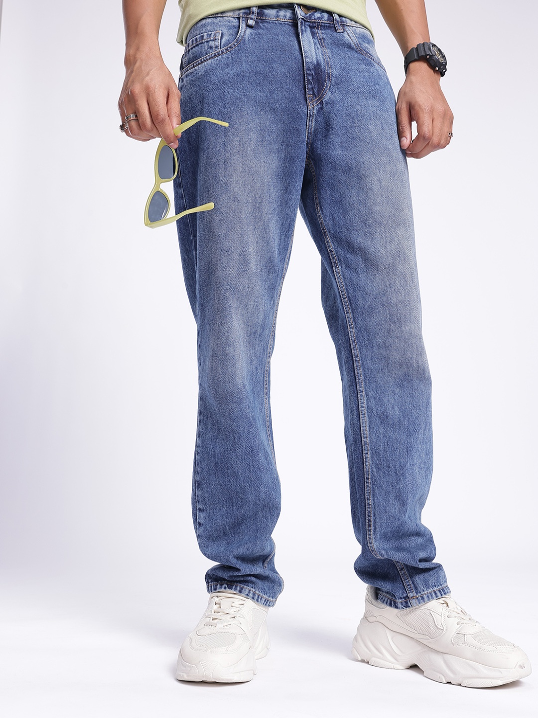 

glitchez Men Timeless Cool Relaxed Fit Heavy Fade Stretchable Jeans, Blue