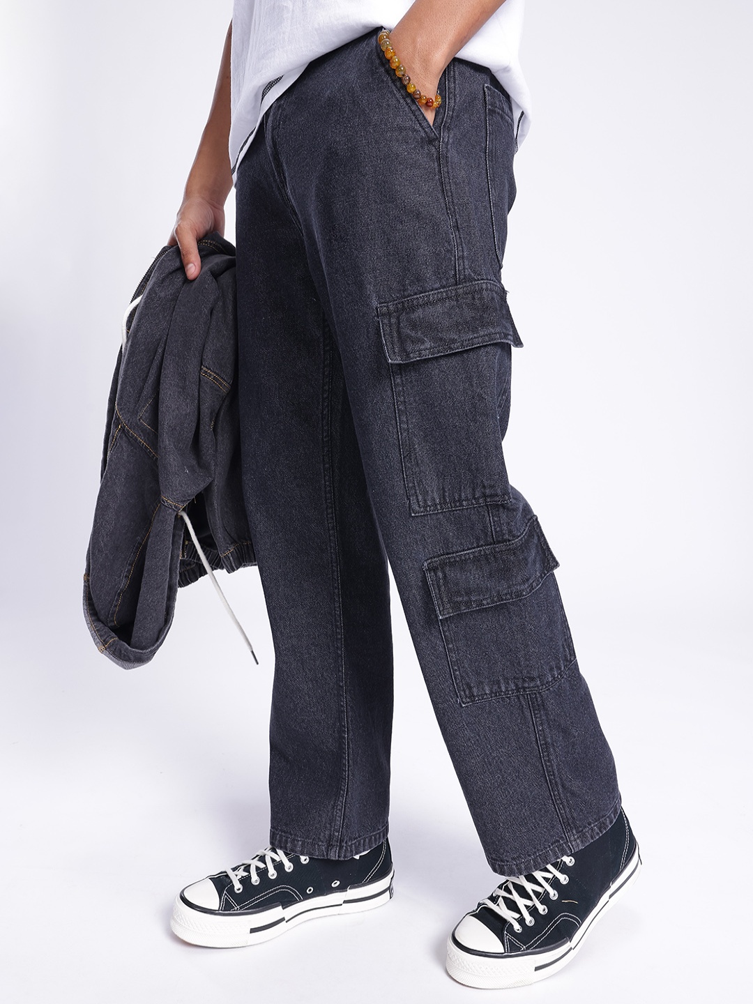 

glitchez Men Urban Vibe Relaxed Fit Cargo Jeans, Black